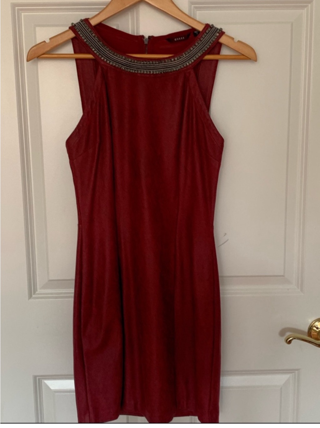 Guess Red Sleeveless Mini Dress With Beaded Neckline